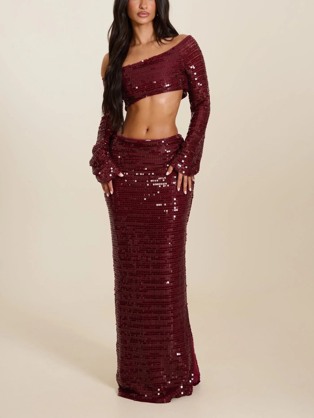 NWT Mars The Label THE NIA SEQUIN MAXI SKIRT SET IN WINE